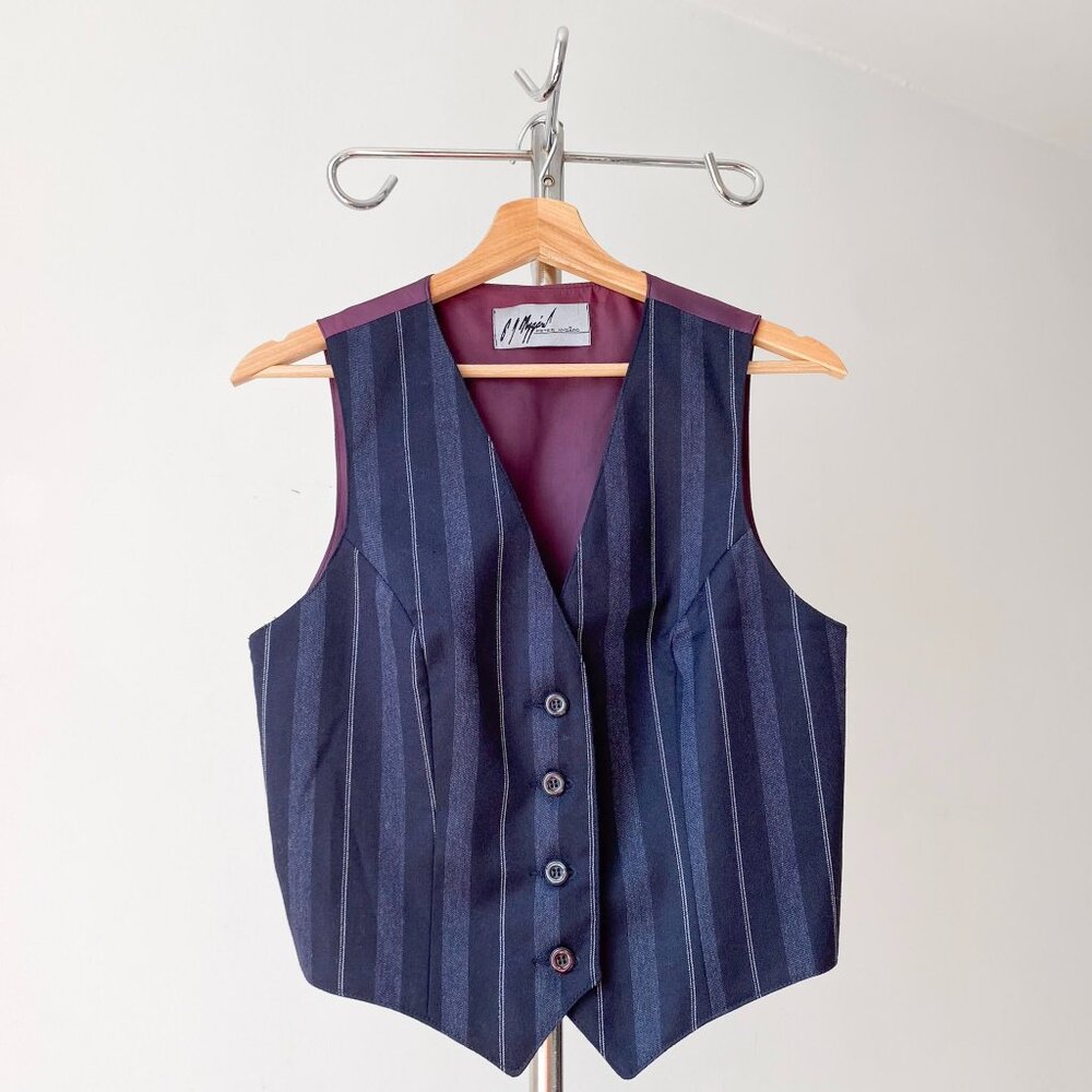 🍂 90s Vintage Navy Striped Wool Vest with Purple Satin Back by Peter Nygard